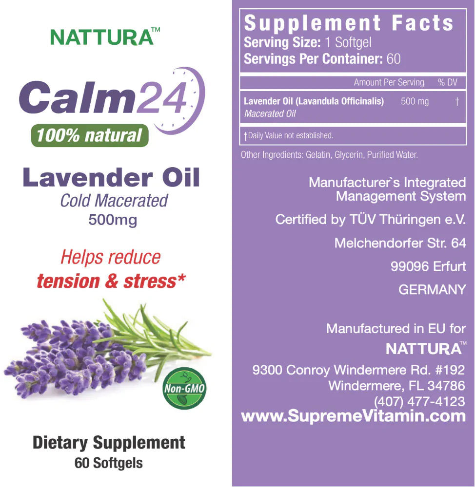 Pillole di olio di lavanda Calm Aid Calm24- 500mg -60 softgel - 100% naturale, aiuta a ridurre la tensione e lo stress, calma il corpo e la mente, aiuta a dormire, macerato a freddo, non OGM, certificato Kosher