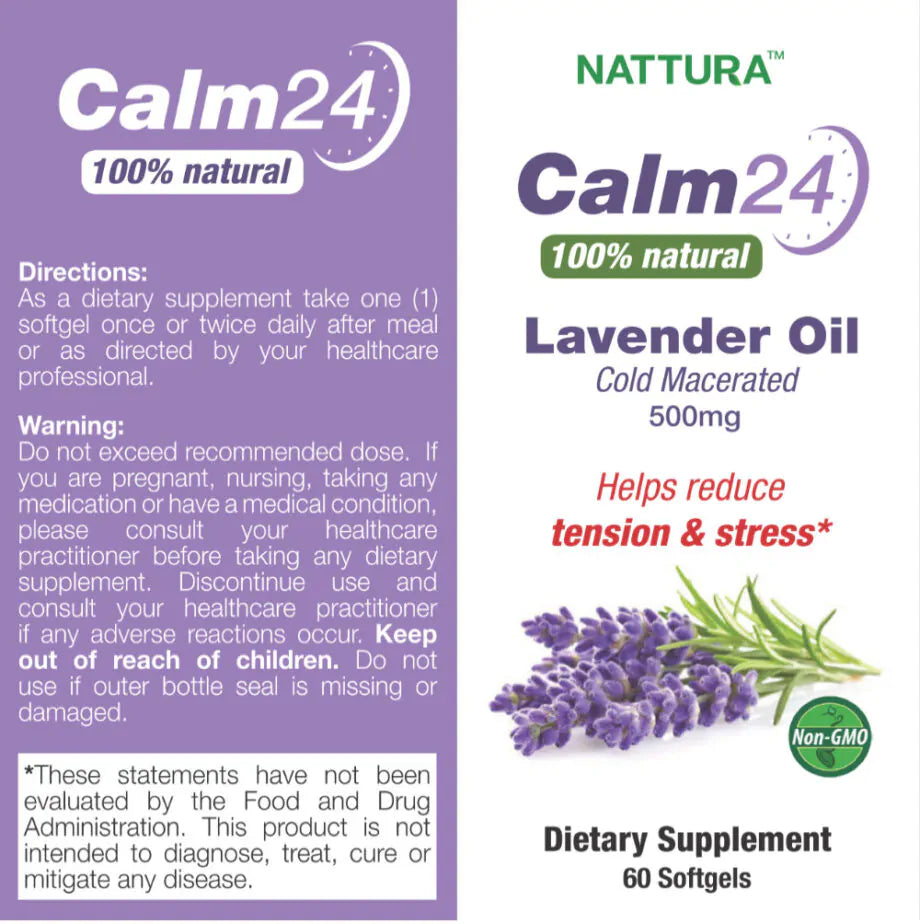 Pillole di olio di lavanda Calm Aid Calm24- 500mg -60 softgel - 100% naturale, aiuta a ridurre la tensione e lo stress, calma il corpo e la mente, aiuta a dormire, macerato a freddo, non OGM, certificato Kosher