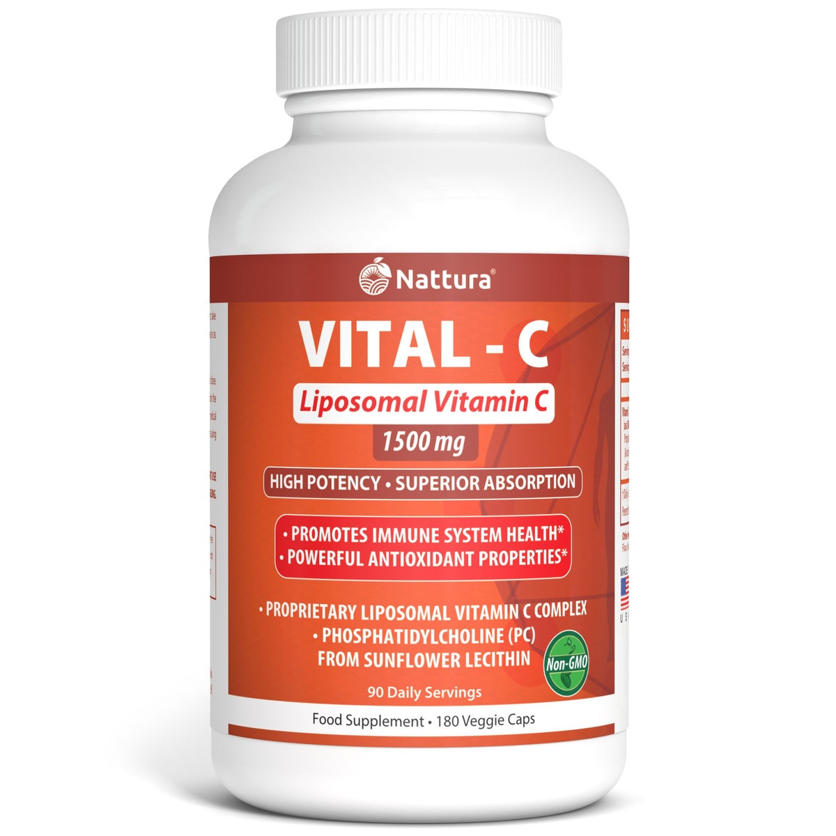 Nattura VITAL-C Liposomal Vitamin C 1500 mg, 180 Veggie Capsules, 3 Months Supply