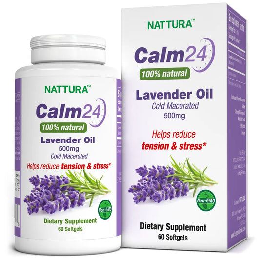 Pillole di olio di lavanda Calm Aid Calm24- 500mg -60 softgel - 100% naturale, aiuta a ridurre la tensione e lo stress, calma il corpo e la mente, aiuta a dormire, macerato a freddo, non OGM, certificato Kosher