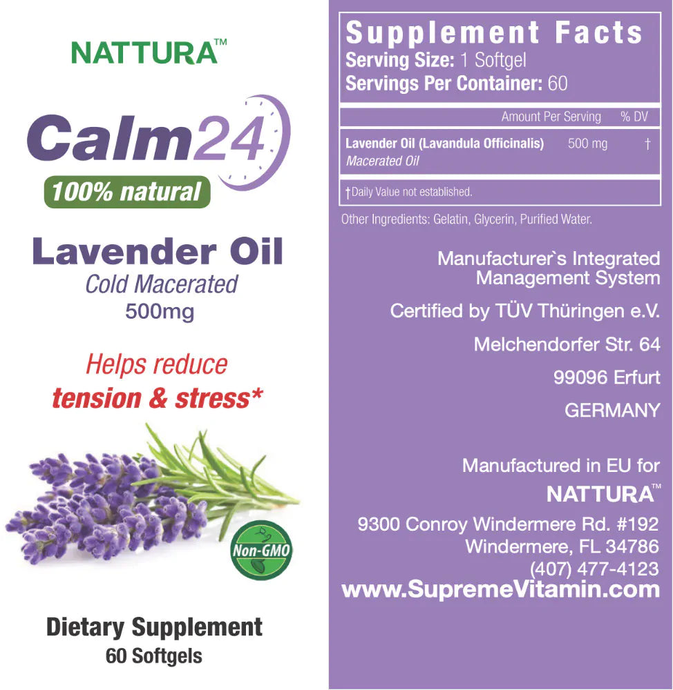 Calm Aid Lavendelölpillen – 500 mg – 60 Weichkapseln – 100 % natürlich, hilft Anspannung und Stress abzubauen, beruhigend für Körper und Geist, Schlafmittel, kaltmazeriert, gentechnikfrei, koscher zertifiziert